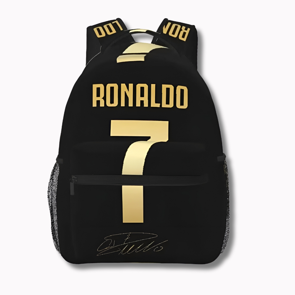 Mochila escolar Cristiano Ronaldo para niños – Diseño negro y dorado con número 7