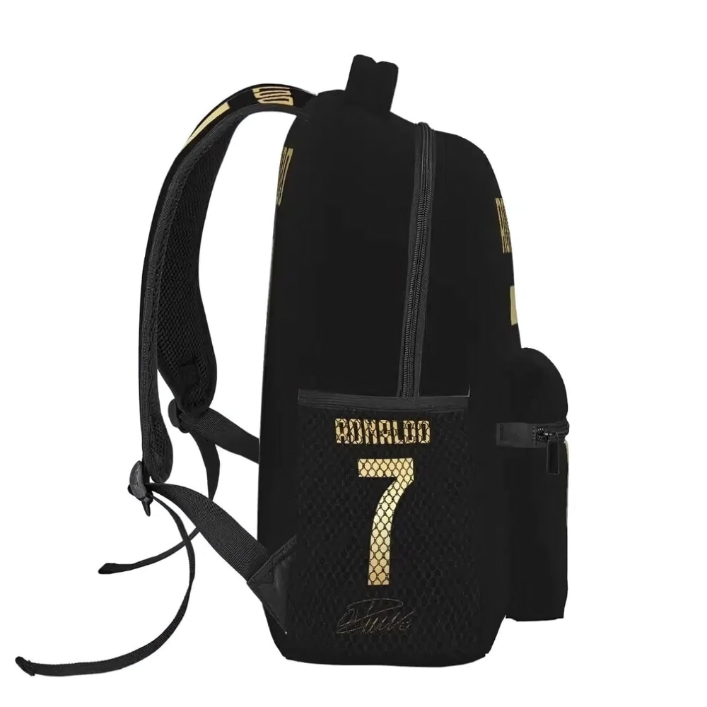 Mochila escolar Cristiano Ronaldo para niños – Diseño negro y dorado con número 7 - Imagen 2