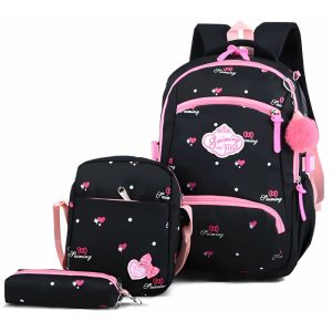 Mochila negra y rosa con dos bolsos pequeños a juego