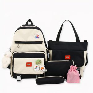 Mochila bicolor de 5 piezas con osito de peluche