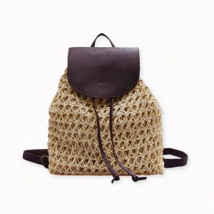 Mochila de paja con cordón para mujer