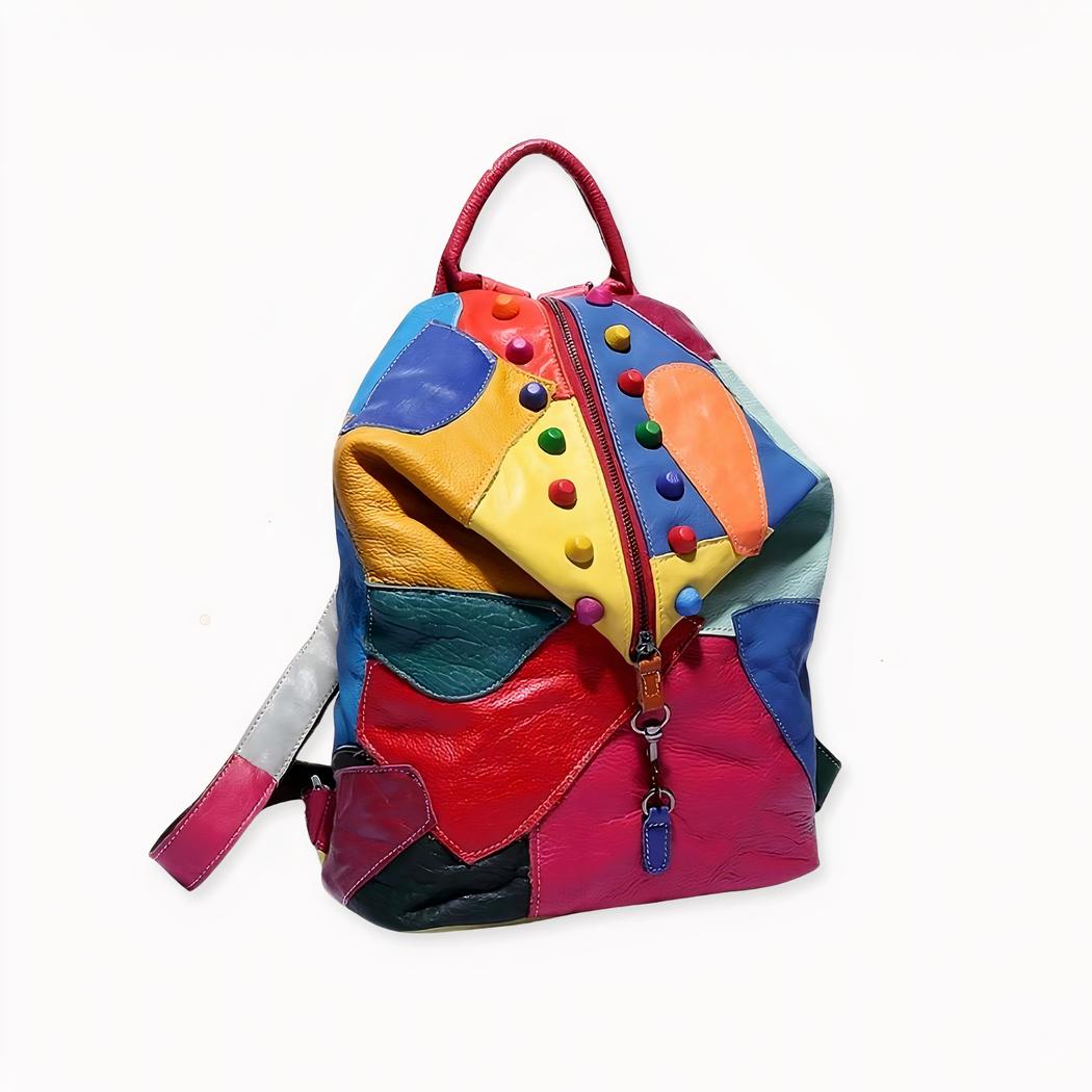Mochila retro de cuero con parches de colores