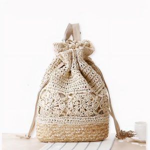 Mochila de paja con cordón para mujer