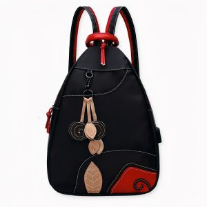 Mochila de nailon negra y roja de estilo retro