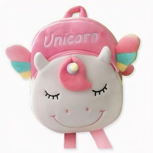 Pequeña mochila de felpa con un unicornio sonriente