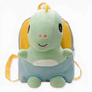 Mochila infantil gris y amarilla bebé dinosaurio de peluche