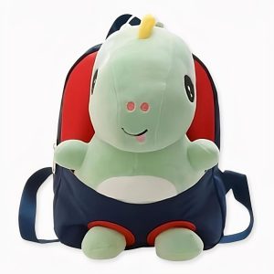 Mochila infantil de felpa roja con bebé dinosaurio verde